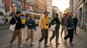 German streetwear brands with hoodies, sneakers, and urban backdrop