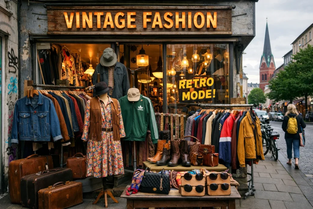 Vintage clothing shop in Hamburg Germany with retro jackets, dresses, leather boots, and accessories displayed outside on a cobblestone street