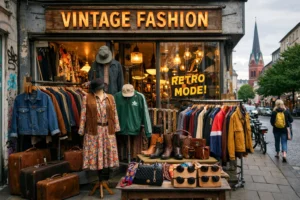 Vintage clothing shop in Hamburg Germany with retro jackets, dresses, leather boots, and accessories displayed outside on a cobblestone street