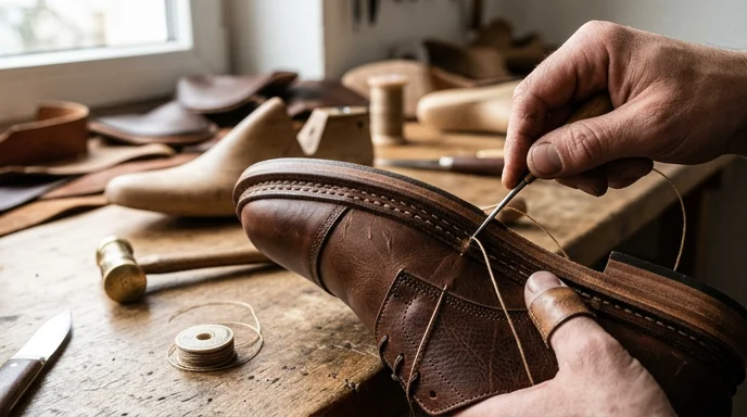 premium craftsmanship German leather shoes detailed stitching close-up