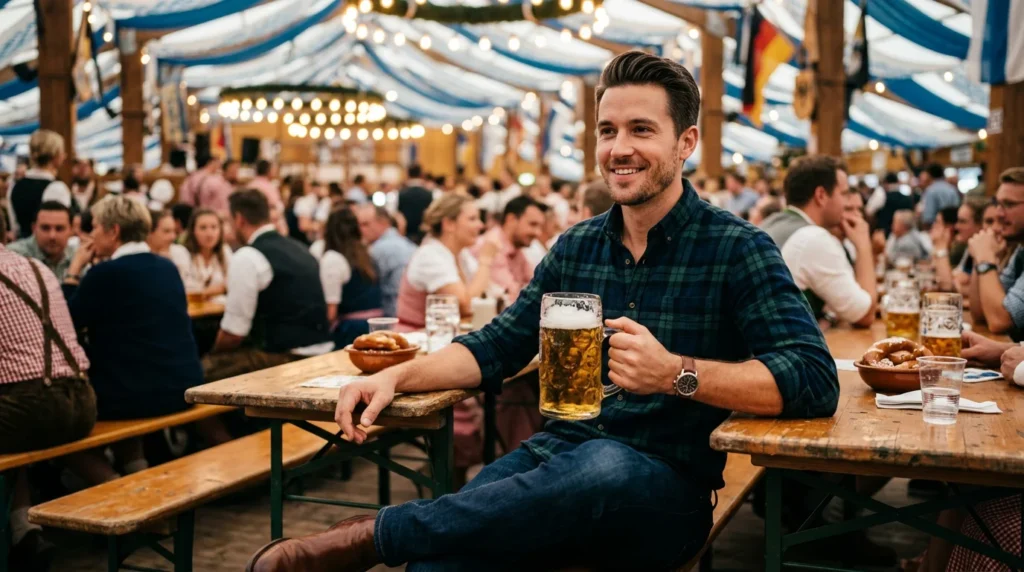 Casual men’s outfits for Oktoberfest in Germany with plaid shirt and jeans