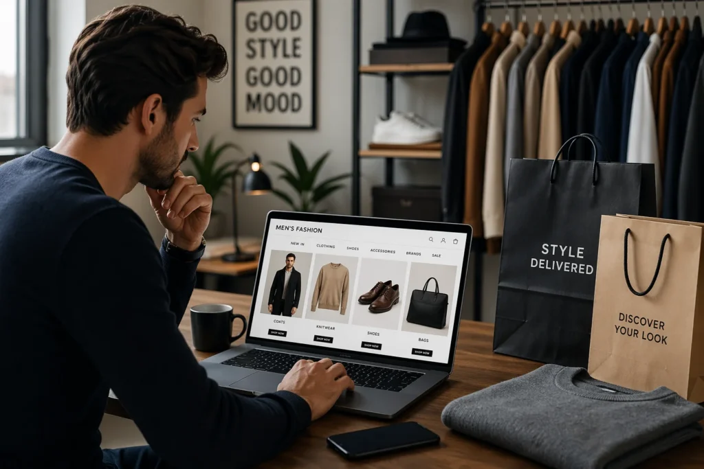 man browsing best online men’s fashion stores Germany on laptop at home